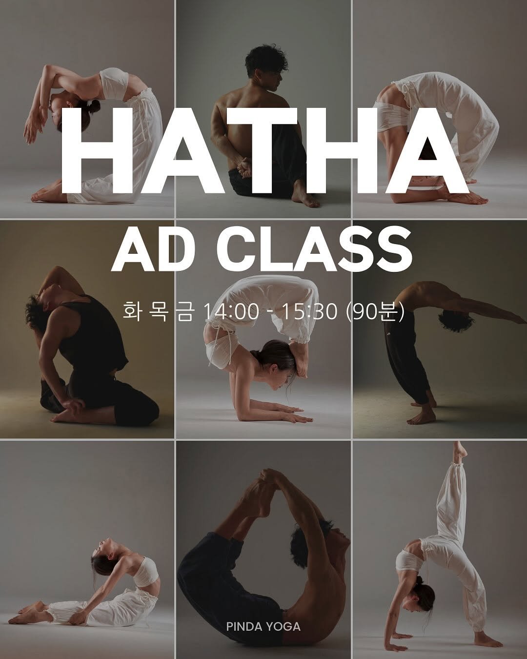 Photo by 핀다요가 • 안산요가 • 𝗣𝗜𝗡𝗗𝗔 𝗬𝗢𝗚𝗔 𝗦𝗧𝗨𝗗𝗜𝗢 on August 27, 2025. May be an image of 9 people, people practicing yoga, people dancing, poster and text that says 'Y HATHA AD CLASS 화 목금 화목금14:00- 화목금14:00-15:30(90분) 목 14:00 15:30 (90분) PINDAYO PINDA PINDAYOGA AYOGA YOGA'.