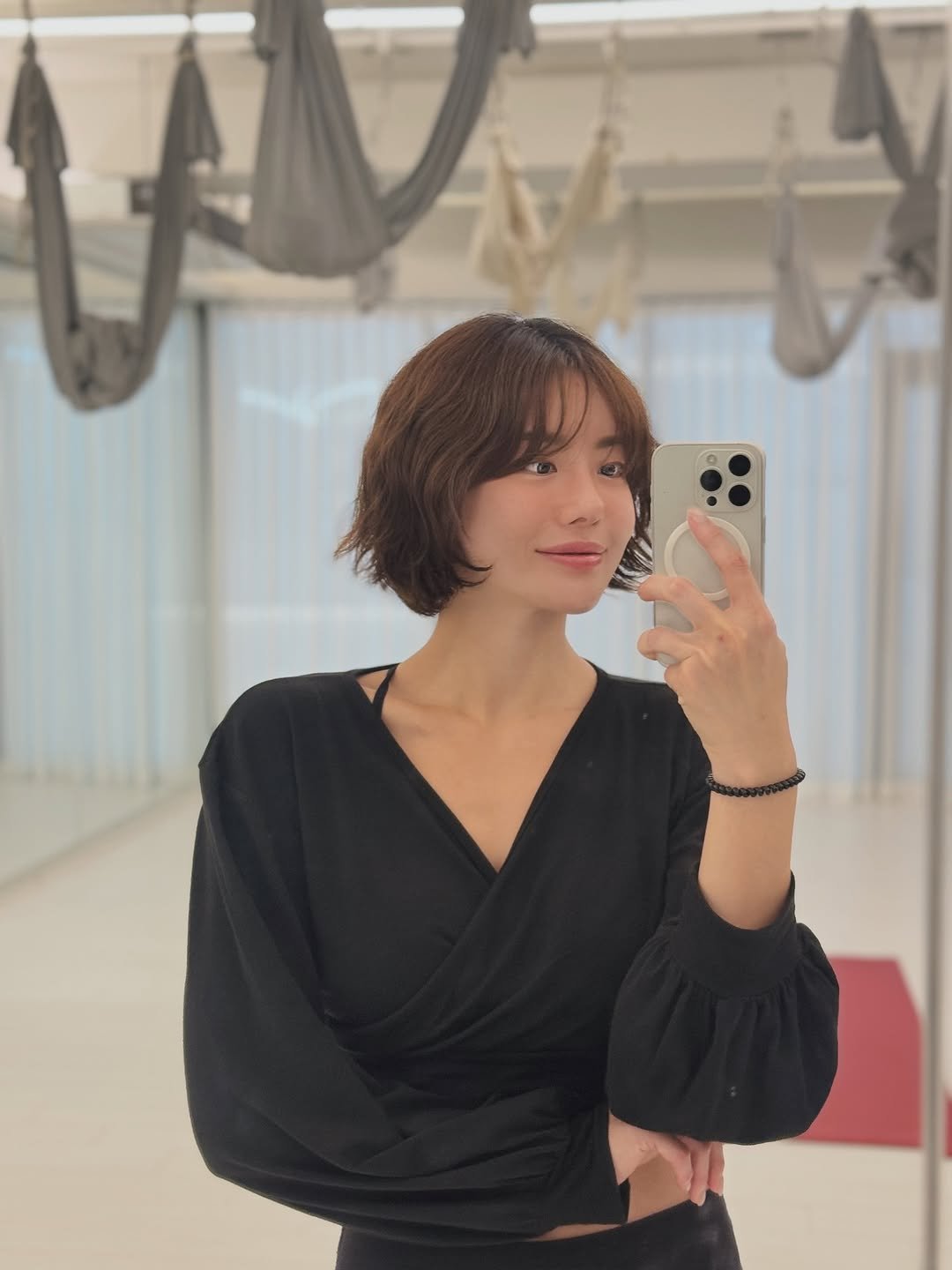Photo shared by 💎H💎 on October 01, 2025 tagging @official.dhyani. May be a selfie of 1 person, hair, sling, top, mirror and text.