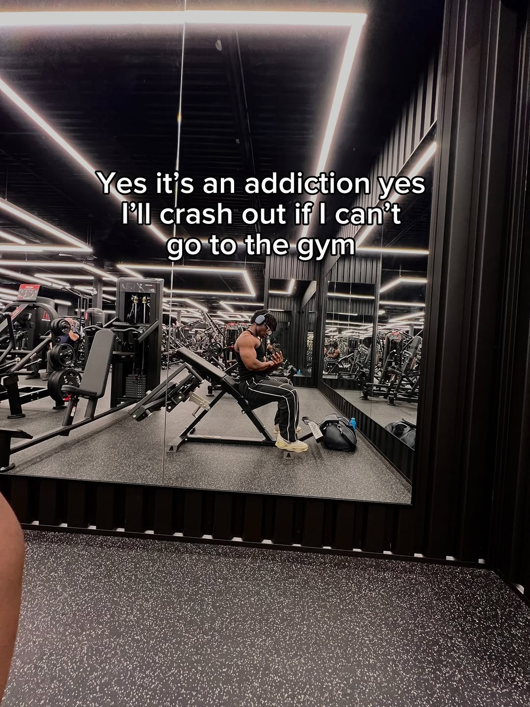 Photo by Jeremy koko on February 16, 2026. May be an image of one or more people, biceps, people bodybuilding, treadmill and text that says 'Yes it's an an addiction yes I'll crash out if| can't gotothe gotothegym to the gym'.