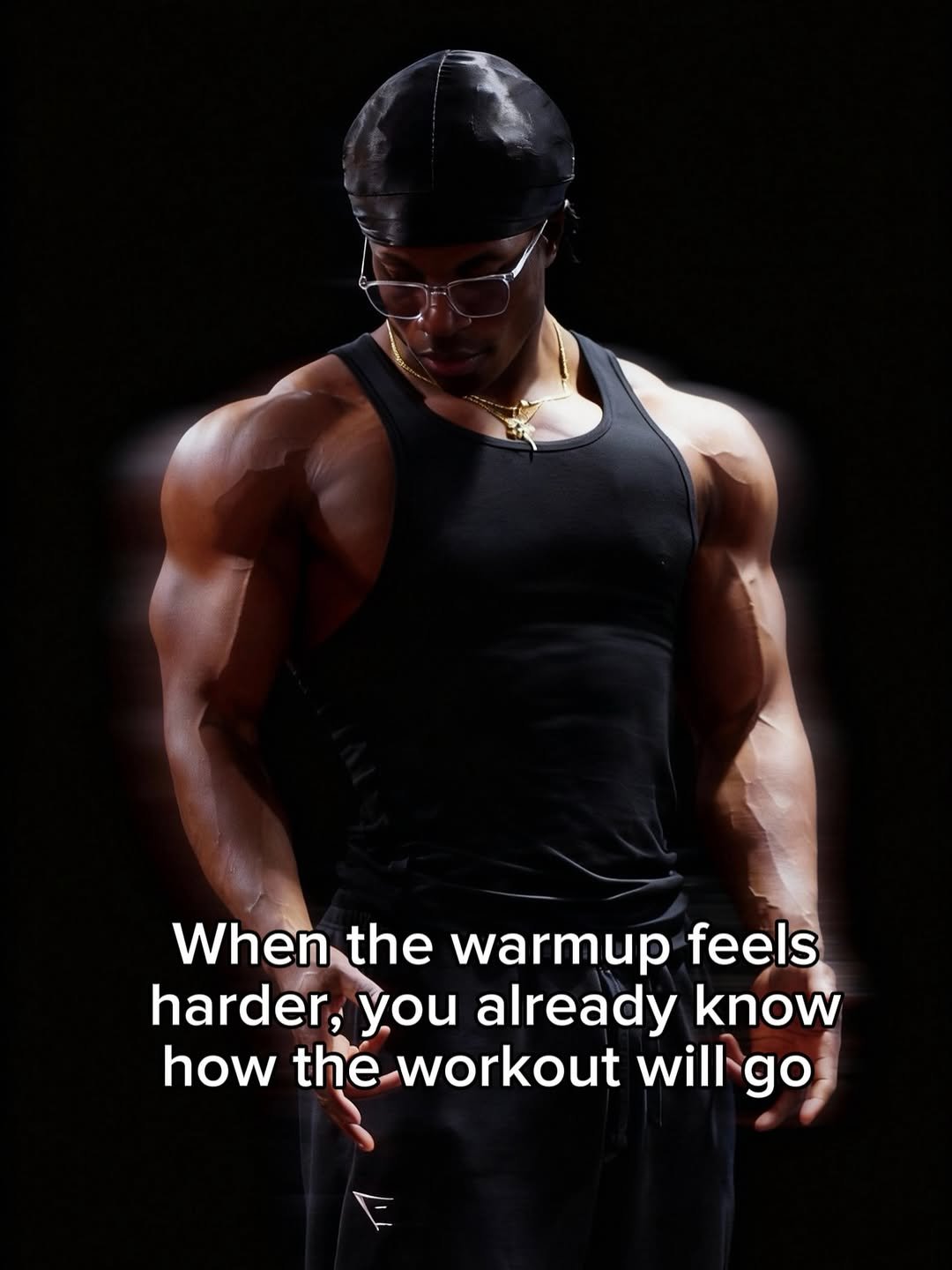 Photo by Jeremy koko on February 23, 2026. May be an image of one or more people, biceps, people bodybuilding, dumbbell and text that says 'When the warmup feels harder, you already know how the theworkout will A'.