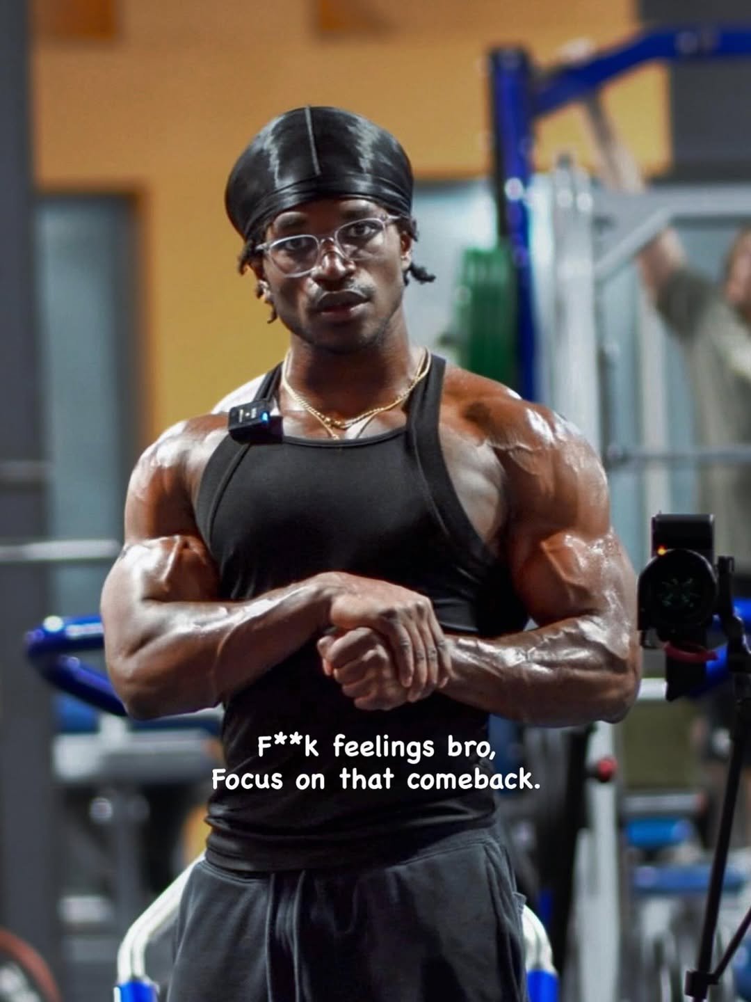 Photo by Jeremy koko on November 20, 2025. May be an image of one or more people, biceps, people bodybuilding, dumbbell, treadmill and text that says 'F**K feelings bro, Focus Focusonthatcomeback. on that comeback.'.