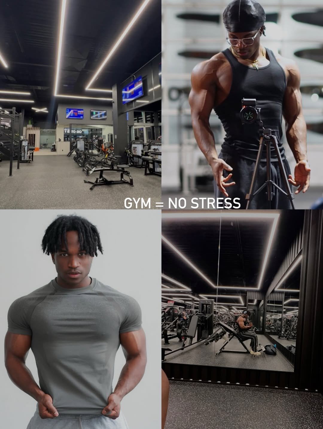 Photo by Jeremy koko on October 26, 2025. May be an image of one or more people, biceps, people bodybuilding, activewear, dumbbell, treadmill, barbell, sportswear, sweatpants and text that says '1000 000 GYM GYM=NOSTRESS = NO STRESS GYM=NO 泰ーー使 神兵'.