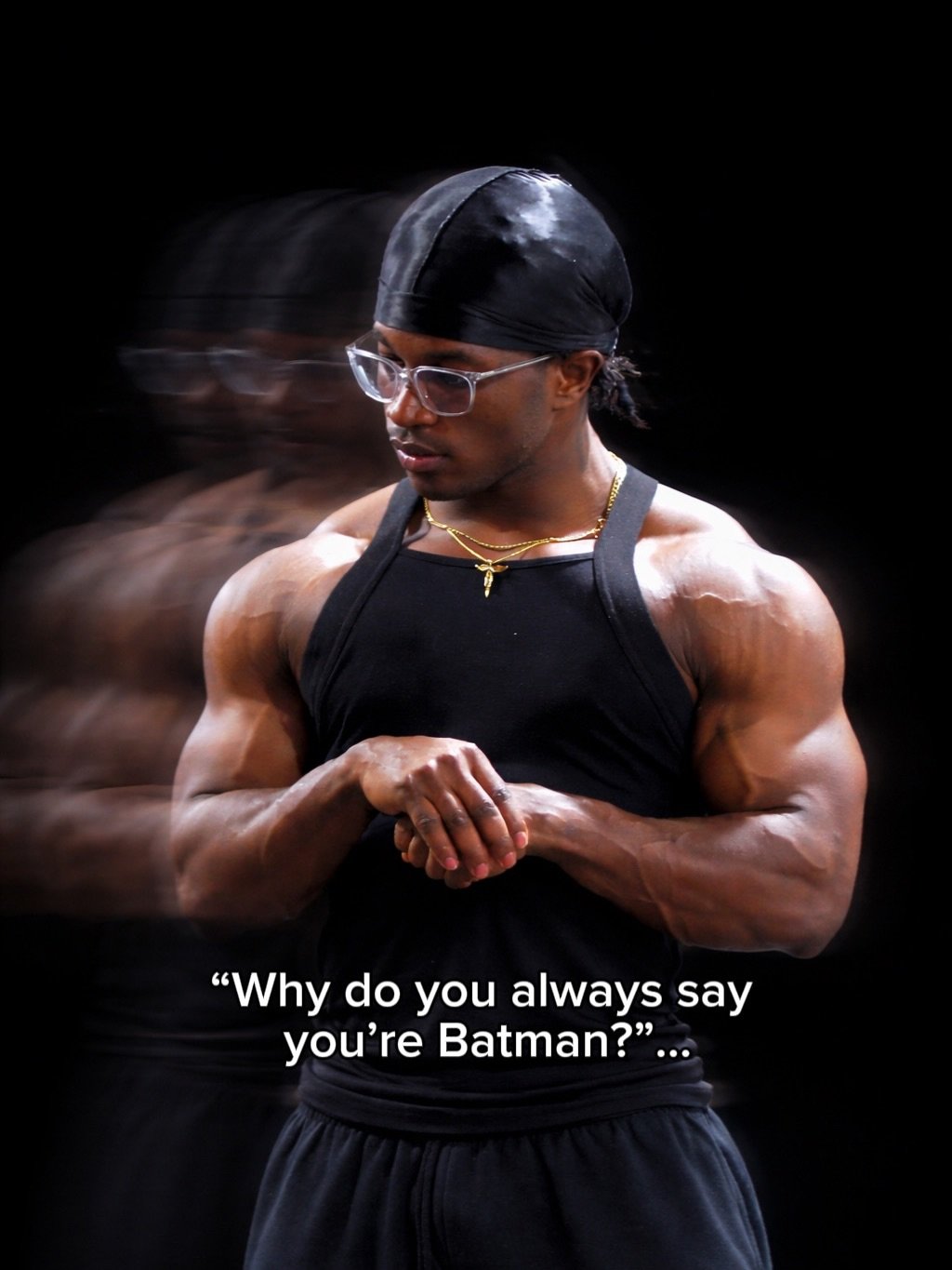 Photo by Jeremy koko on January 26, 2026. May be an image of one or more people, biceps, people bodybuilding, Superman, poster and text that says '"Why do you always "Whydoyoualways say you're Batman?"...'.