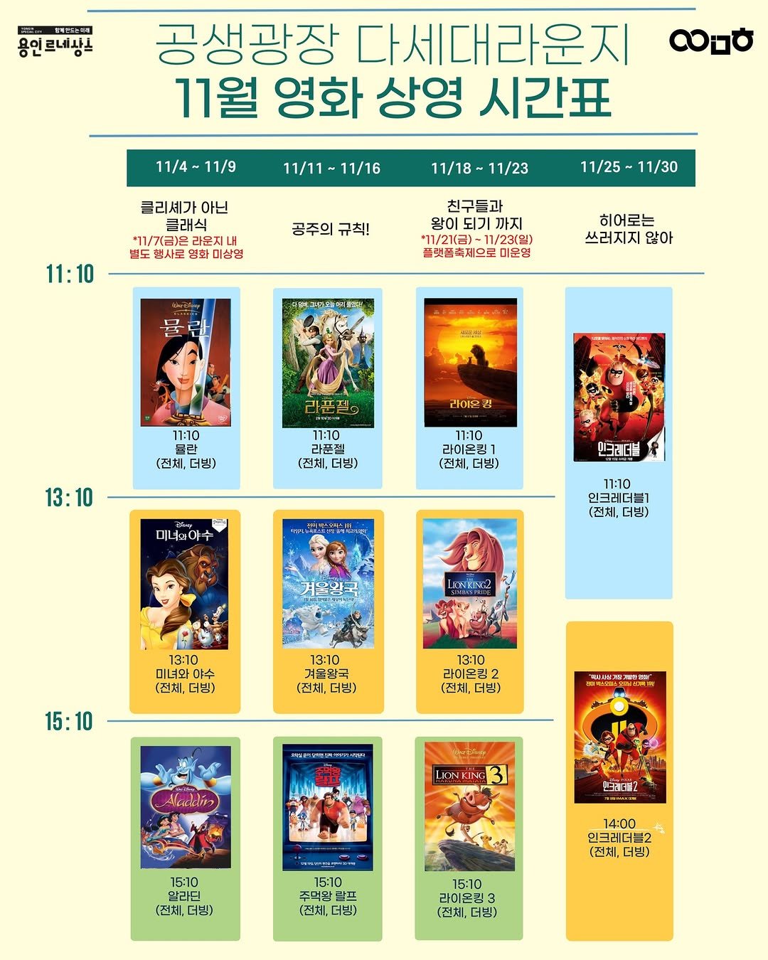 Photo by 문화도시용인 on November 03, 2025. May be an illustration of ‎poster, book, magazine and ‎text that says '‎崎モ比 용인르네상ㄴ 공생광장 다세대라운지 11월 영화 상영 시간표 လဗဝ 11/4 11/9 11/11 11/11-11/16 클리셰가 아닌 클래식 *11/7(금)은 라운지내 미상명 11/18-11/23 11/23 11/18 11/25 11/25-11/30 11/30 11:10 공주의 규칙! 친구들과 왕이 되기 까지 1/23(일) 플랫품축제오로 히어로는 쓰러지지 않아 11:10 윤란 (전체, 더빙) 라여몬 깅 11:10 라폰젤 (전체, (전체,더빙) 더빙) 13:10 11:10 라이온킹1 (전체, (전체,더빙) 더빙) 미너.아수 민크리더블 11:10 인크레더블 (전체, 더빙) 겨울일국 مح 13：10 미녀와 야수 (전체, (전체,더빙) 더빙) 13:10 겨울완국 (전체, 더빙) 15:10 13:10 라이온킴2 (전체, 더빙) Aleacdin LONKIN 2토대2 15:10 알라딘 (전체, 더빙) 14:00 인크레 인크레더를2 (전체, 더빙) 15:10 랄프 (전체, 더빙) 15:10 라이온김 3 (전체, 더빙)‎'‎‎.