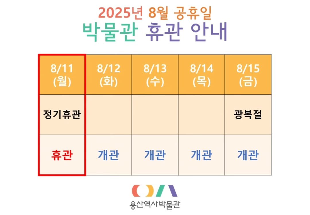 Photo by 용산역사박물관 on August 10, 2025. May be an image of text that says '2025년 8월 공휴일 박물관 휴관 안내 8/11 (월) 8/12 (화) 8/13 (수) 8/14 (목) 8/15 (금) 정기휴관 광복절 휴관 개관 개관 개관 개관 ١/(( 용산역사박물관'.
