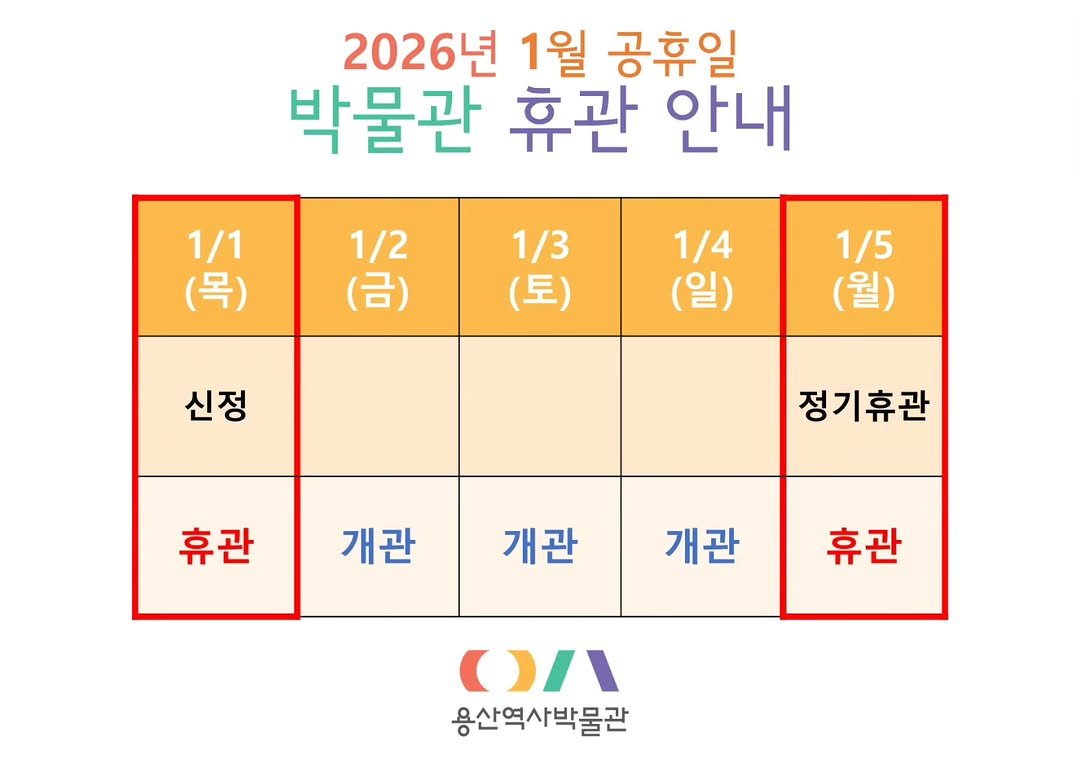 Photo by 용산역사박물관 on December 28, 2025. May be an image of ‎text that says '‎2026년 1우 공휴일 박물관 휴관 안내 1/1 (목) 1/2 (금) 1/3 (토) 1/4 (일) 1/5 (월) 신정 신정 정기휴관 휴관 개관 개관 개관 휴관 //ש) 용산역사박물관‎'‎.