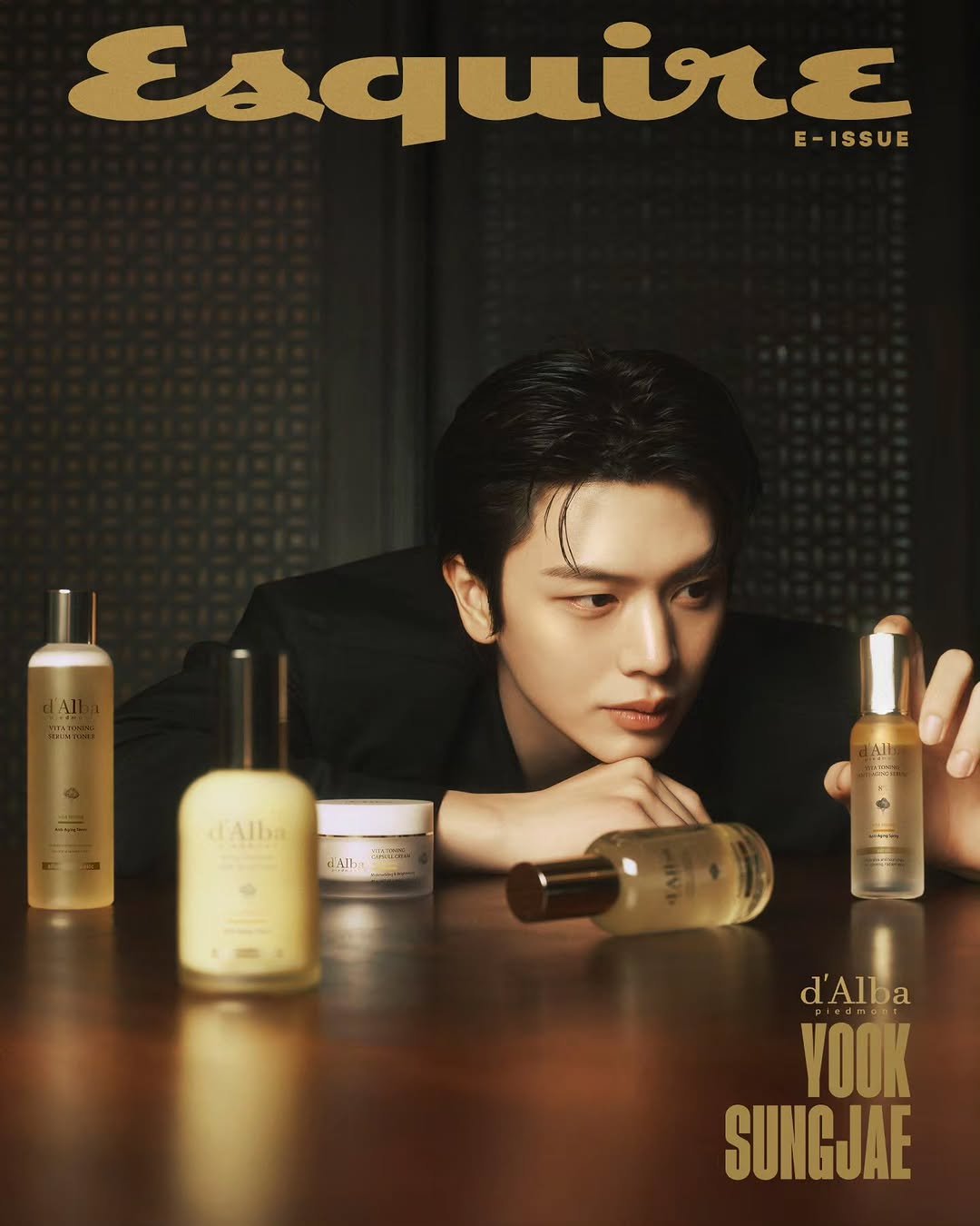 Photo by 육성재 BTOB Melody 3X2 on September 30, 2025. May be an image of one or more people, makeup, hair product, magazine, cosmetics and text that says 'Esquire E-ISSUE dAlba d'Al . 1 d'Alba YOOK SUNGJAE'.