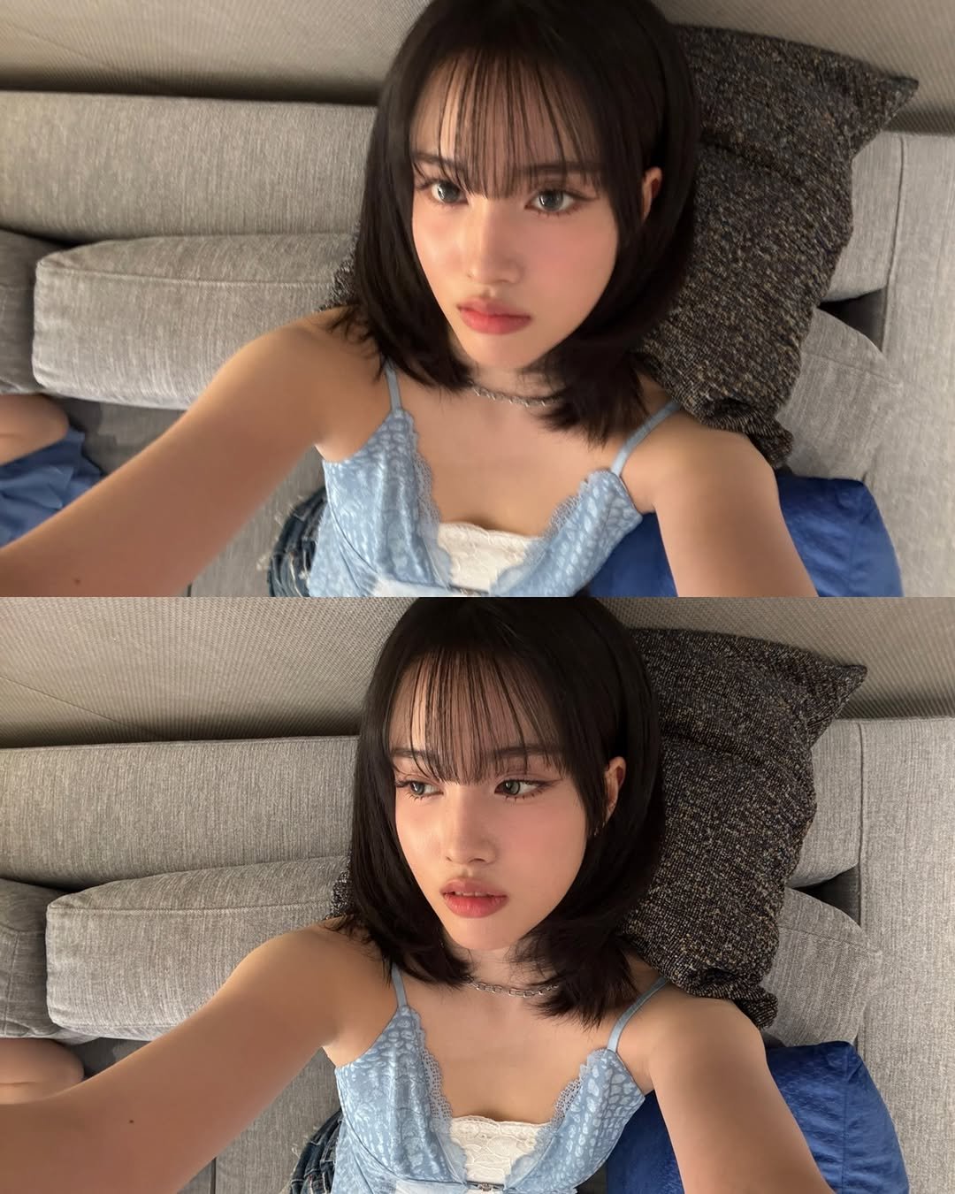 Photo by 심자윤 on January 29, 2026. May be a selfie of one or more people, bangs, sleepwear and text.