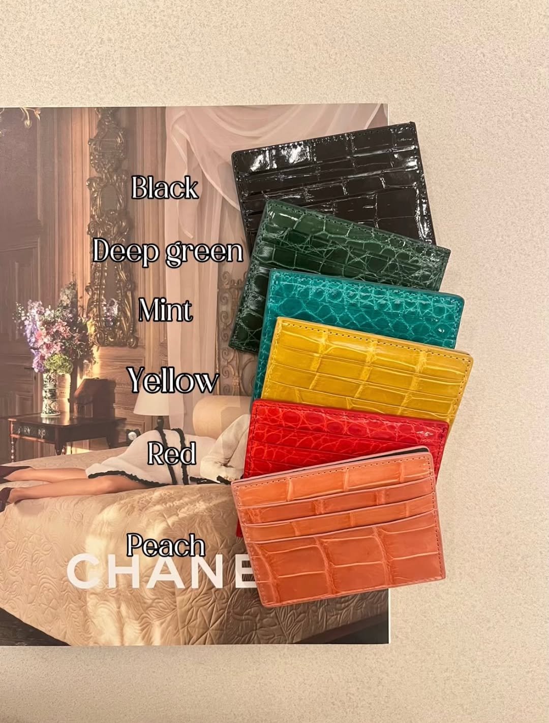 Photo by Kim Yoon on March 03, 2026. May be an image of leather, leather wallet, pouch, clutch, purse and text that says 'Black Deepgreen Deep green Mint Yellow Red Peach CHANE'.