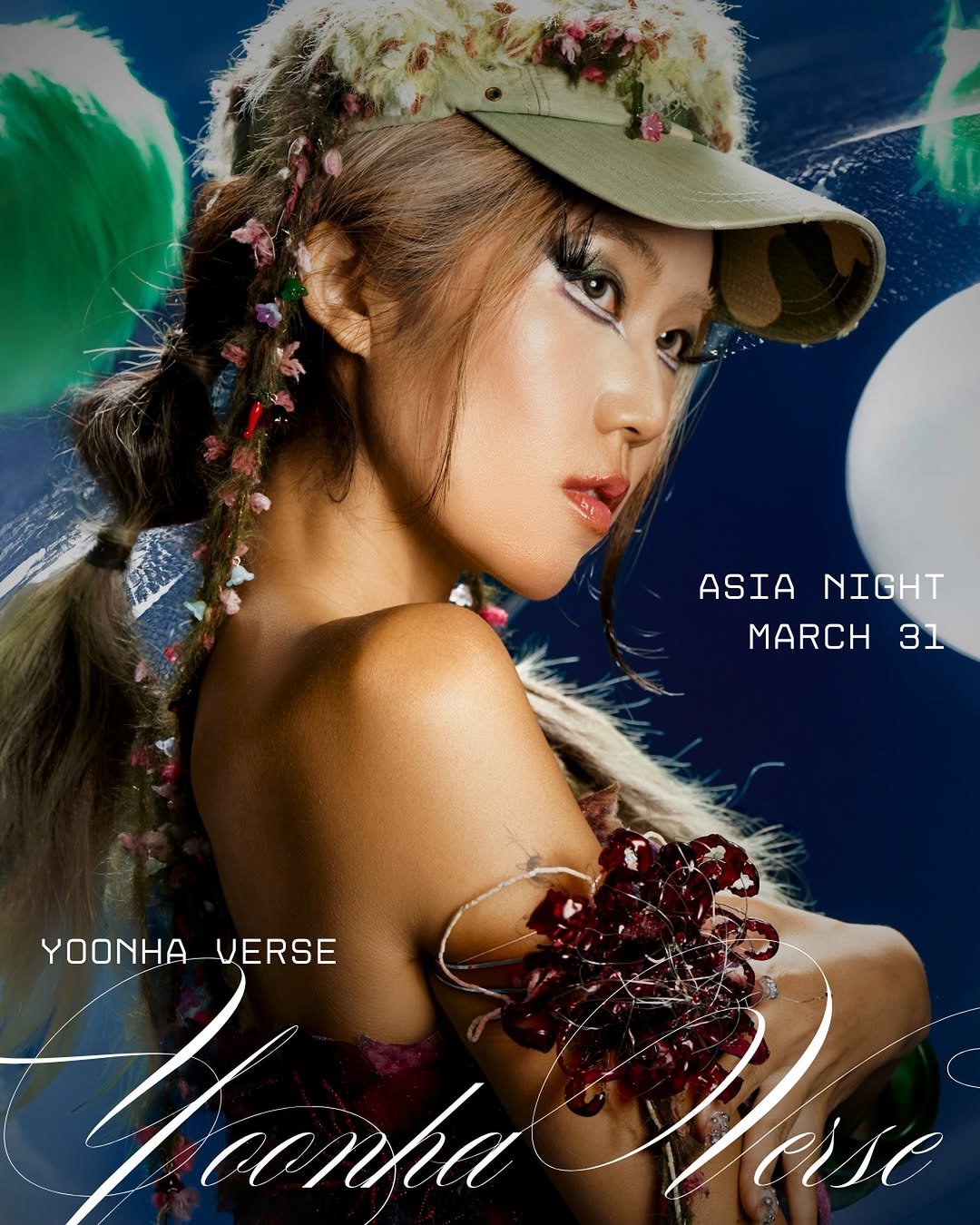 Photo shared by Asian Students Association at NC State on March 30, 2026 tagging @yoonhaverse. May be an image of one or more people, braids, makeup, poster, magazine, headdress and text that says 'ASIANIGHT ASIA NIGHT MARCH 31 YOONHA_VERSE YOONHA VERSE Hanha Lantae cnka eese eise'.