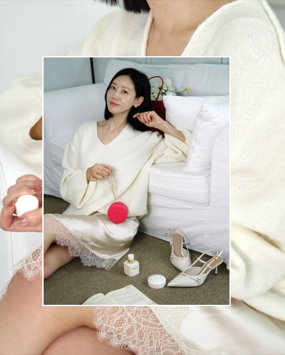 Photo shared by 오늘의 윤세 on October 13, 2025 tagging @valentino.beauty. May be an image of slip, sleepwear, bath robe, robe, chemise and bra.