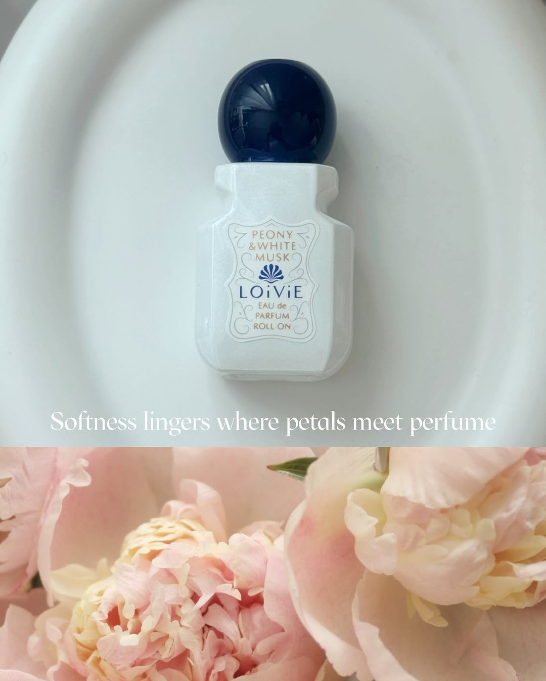 Photo shared by 오늘의 윤세 on August 05, 2025 tagging @loivie.official. May be an image of fragrance, perfume and text that says 'l PEONY PEONY CMUSKO MUSK &WHITE ול LOiViE EAUde de PARFUM ROLL ON Solinesingrshere.petalsme.e Softness lingers where petals meet perfume'.
