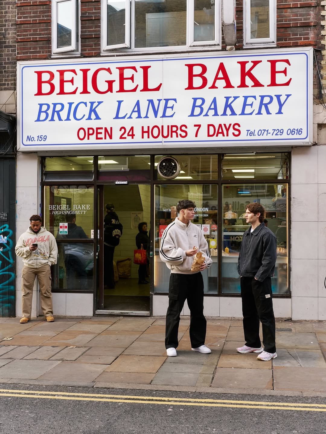 Photo shared by YoungLA on December 11, 2025 tagging @joefazer, @meierik, and @nathanielmassiah. May be an image of baguette and text that says 'No. No.159 159 BEIGEL BAKE BRICK LANE BAKERY OPEN 24 HOURS 7 DAYS Tel. Tel.071-729061 071-729 0616 ·.門 BEIGEL PER BAKE RGHSVOBIETY H원 LONDON AMIRN B 你期'.