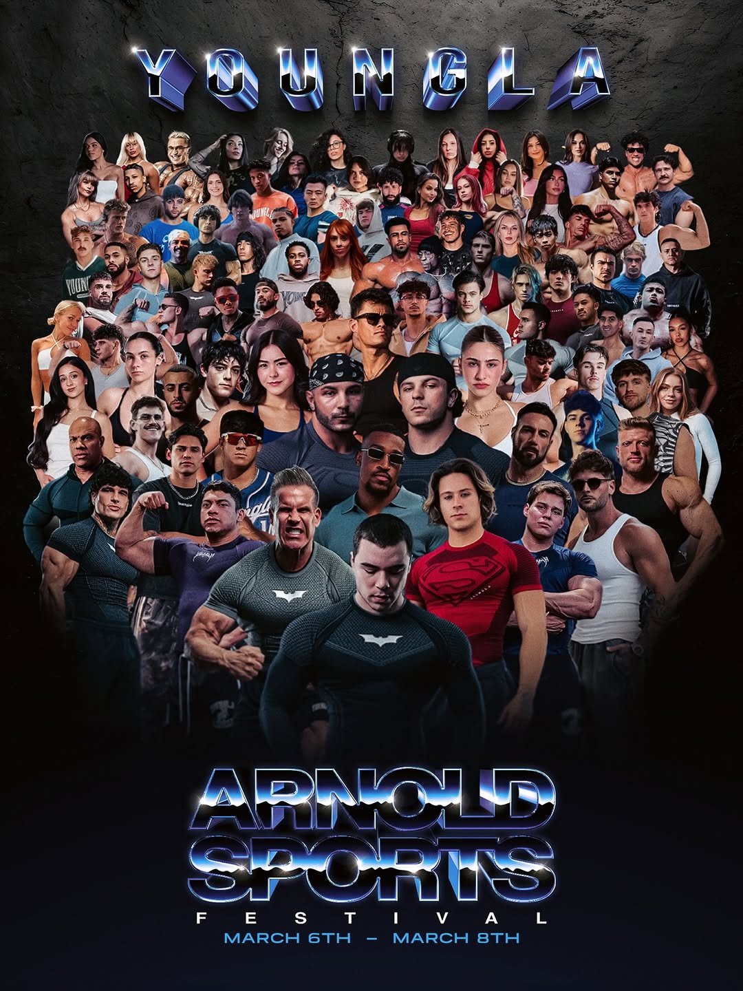 Photo shared by YoungLA on February 18, 2026 tagging @philheath, @arnoldsports, @ashtonhall, @lexx.little, @trenbrahhh, @jaycutler, @the.miraclebear, @moisesebrahim_, @haddy_abdel, @noeldeyzel_bodybuilder, @thelukeymc, @axelmguerra, @christrennn, @alex_eubank15, @jerdani._, @shizzylifts, @younglaforher, @caseykellyfit, @brodieshredz, and @stoffer__. May be an image of poster and text.