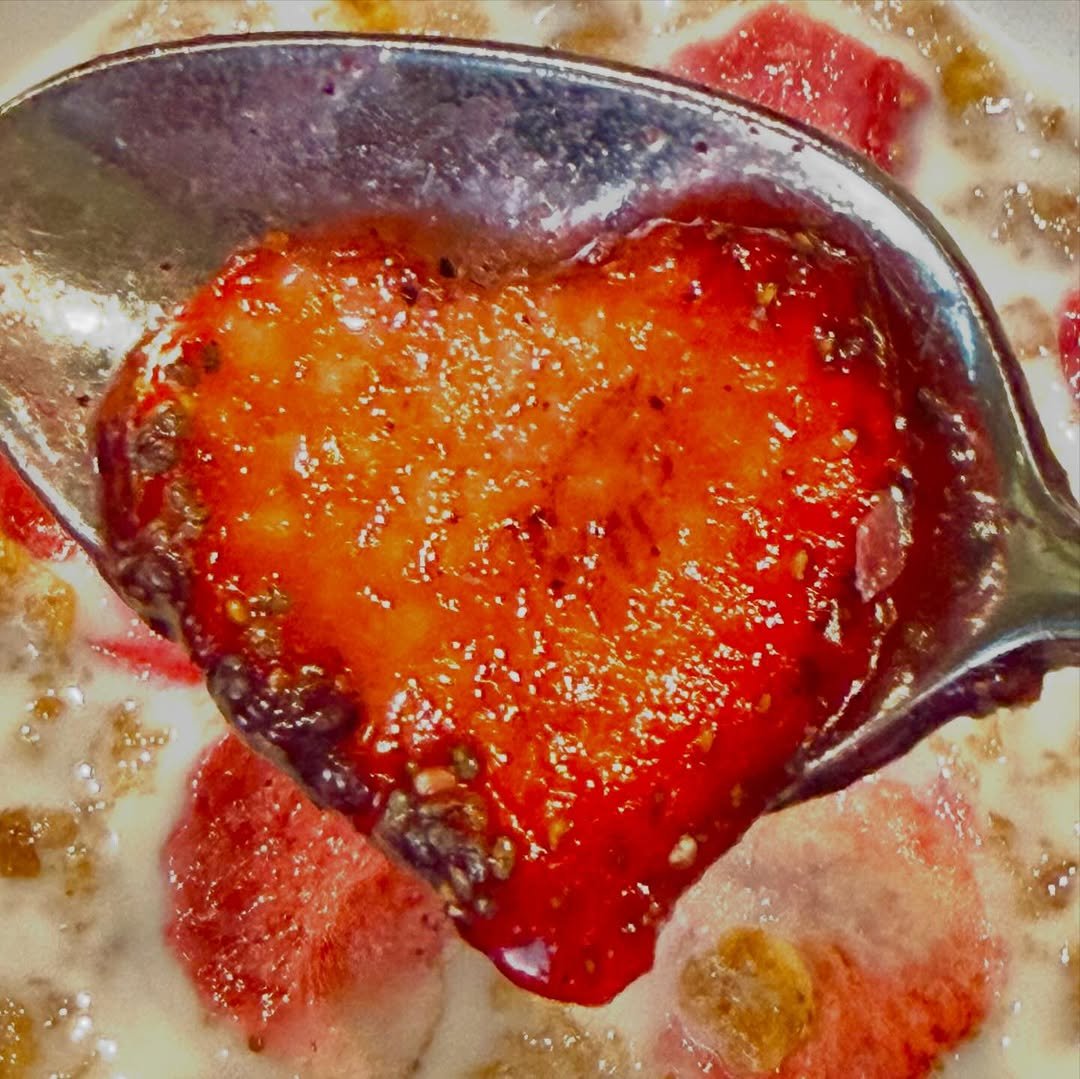 Photo by YOUNGSEO on January 30, 2026. May be an image of cereal, strawberry, soup spoon, porridge and text.