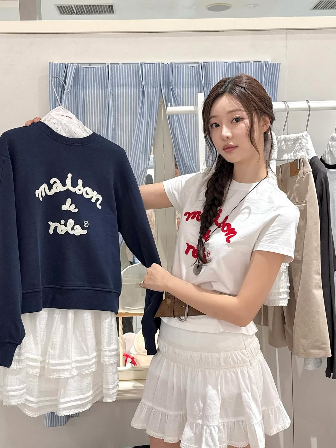 Photo shared by 이시안  ʟᴇᴇ sɪᴀɴ on September 19, 2025 tagging @rolarola.official. May be an image of 1 person, sleepwear, shorts, clothes hanger, skirt, top, sweatshirt, dress, miniskirt and text.