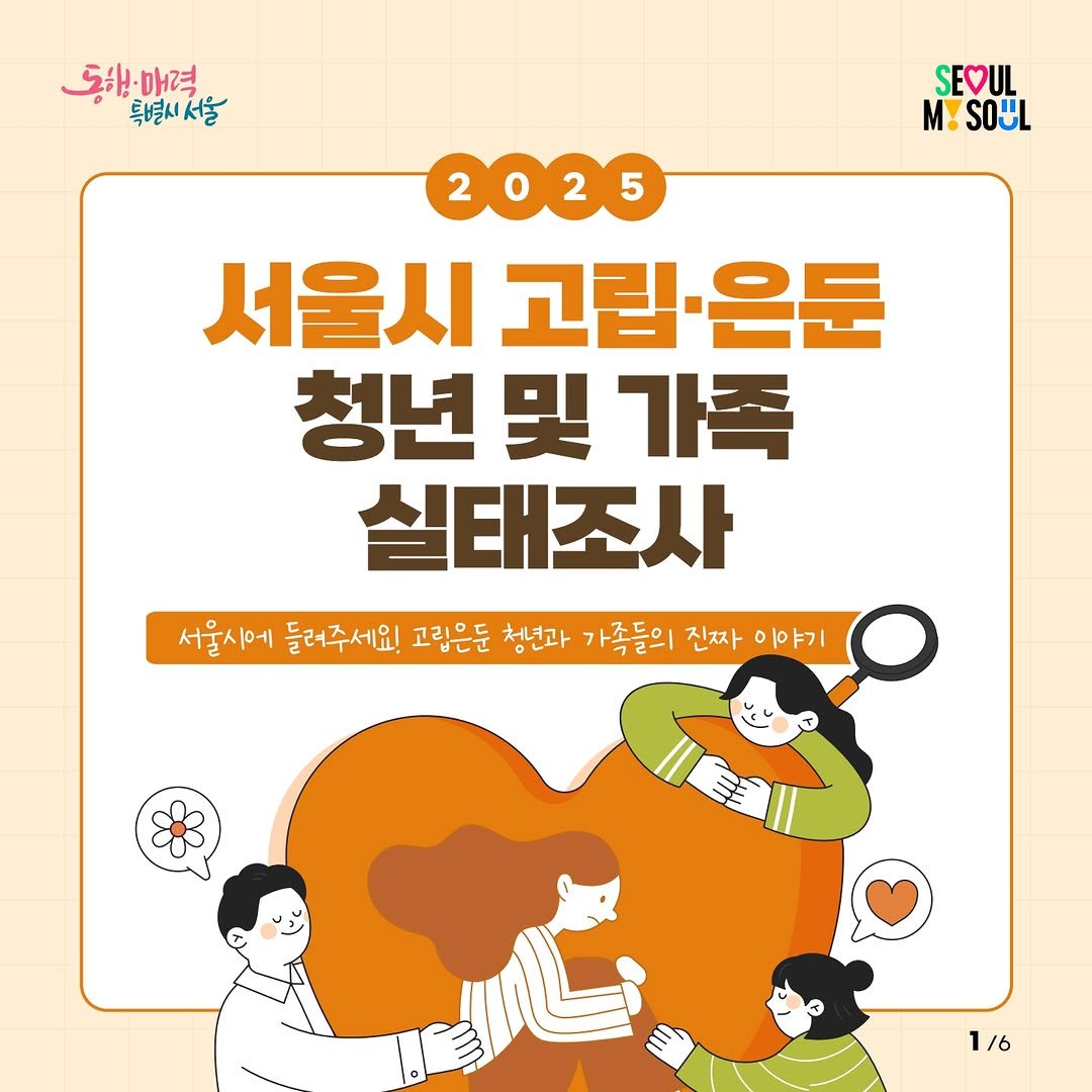 Photo by 서울청년센터 강북 on September 22, 2025. May be a doodle of poster, magazine and text that says '동해매력 동해 매력 특별시서울 SEOUL MSOL M! SOUL 2025 서울시 고립·은둔 청년 哭 가족 실태조사 서울시에 들러주세요! 고립은둔 청년과 가족들의 진짜 이야기 1/6'.