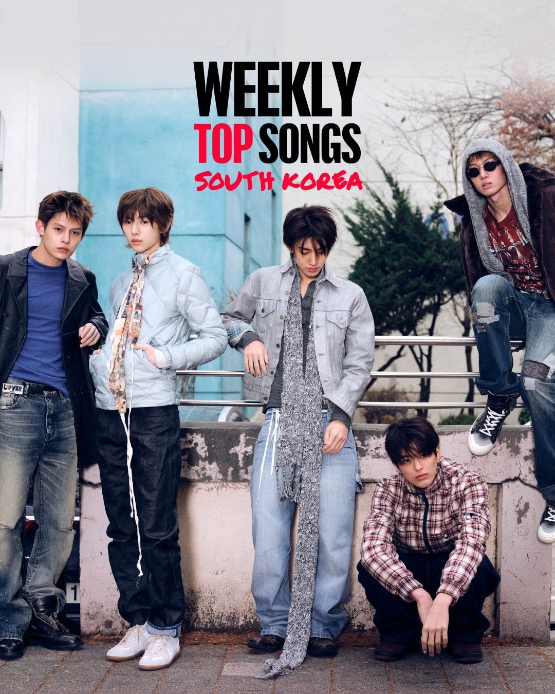 An image displaying the text "Weekly Top Songs South Korea" in large, bold lettering. The image features the five-member boy band CORTIS posing casually in an outdoor urban setting with a concrete wall and metal railing. The members are styled in trendy, layered streetwear with a late 90s or early 2000s grunge aesthetic.
Frame 2: A YouTube Music "Weekly Top Songs South Korea" chart graphic featuring a photo of the boy band CORTIS. The top five tracks are "REDRED" by CORTIS at number one, followed by "LEMONADE" by AESPA, "IT'S ME" by ILLIT, "LOVE ATTACK" by RESCENE, and "BANSANKA" by TAEYEON.