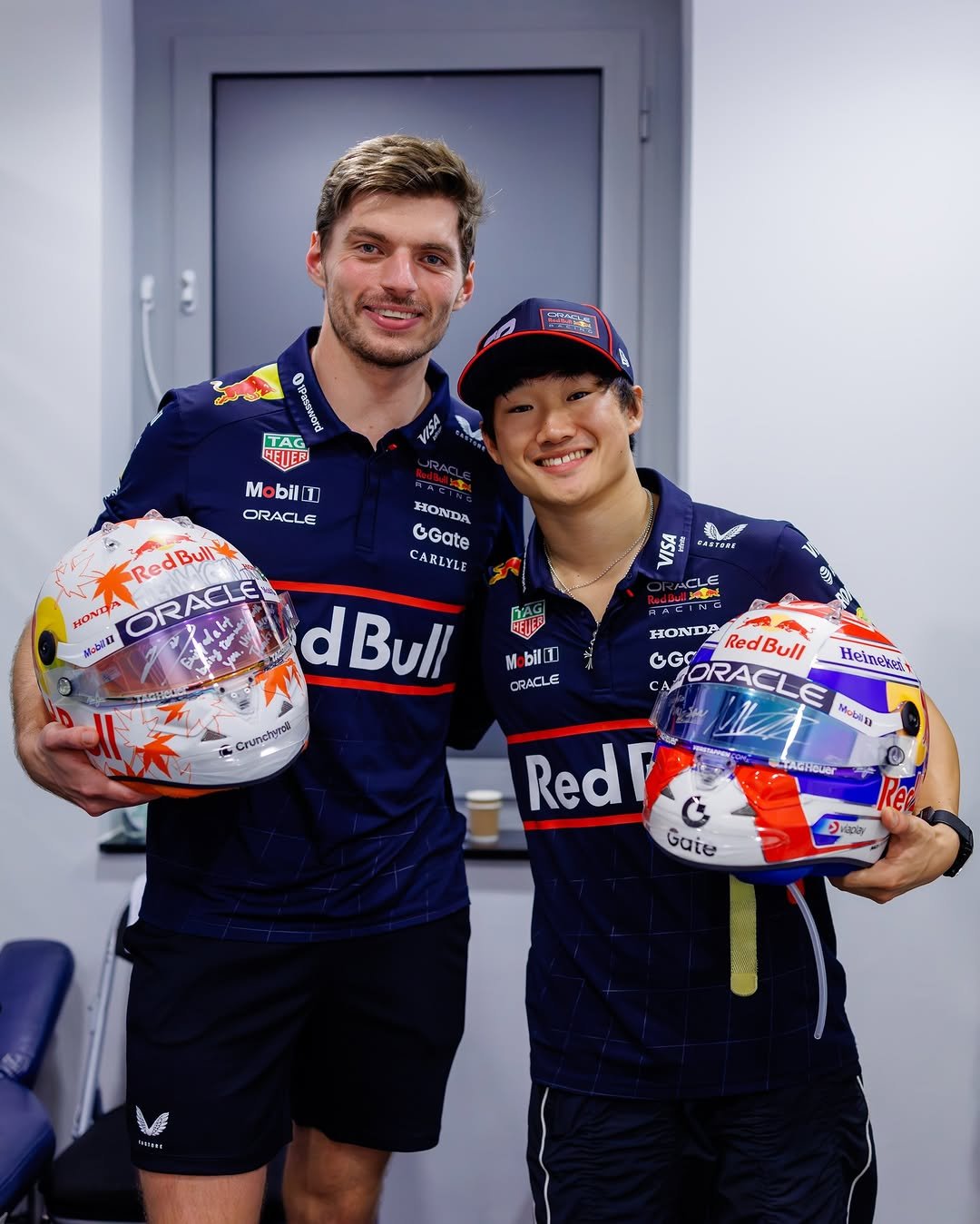 Photo shared by Max Verstappen on December 09, 2025 tagging @yukitsunoda0511. May be an image of racing vehicles, helmet and text.
