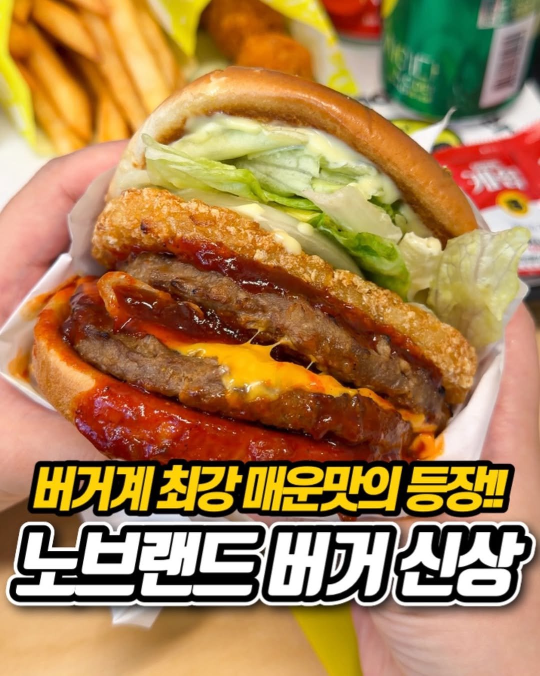 Photo shared by 냠냠 리포트 | 간식•신상간식•디저트 on December 29, 2025 tagging @nobrandburger.official. May be an image of chicken, burger, french fries and text that says '버거계 최강 매운맛의 등장!! 0OD 노브랜드 노브랜드버거신스 래드 버거 신상'.