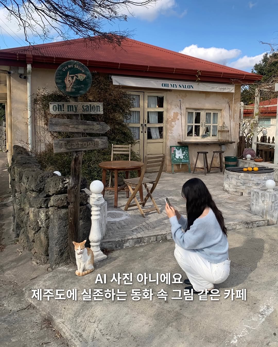Photo shared by 여행 데이트코스 팝업 공간 | 유니져니 on February 16, 2026 tagging @ohmysalon_jeju. May be an image of outdoors and text that says 'οι OHMY OHMYSALON MY SALON +hy AI .사진아니에요 사진 아니에요 제주도에 실존하는 동화 속 그림 같은 카페'.