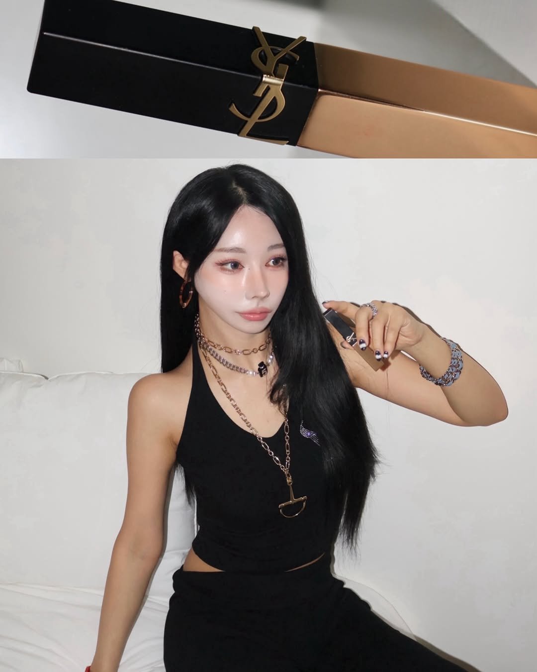 Photo shared by 유라 (李유라) on December 29, 2025 tagging @yslbeauty. May be an image of one or more people, makeup, bolo tie, choker, necklace and text.