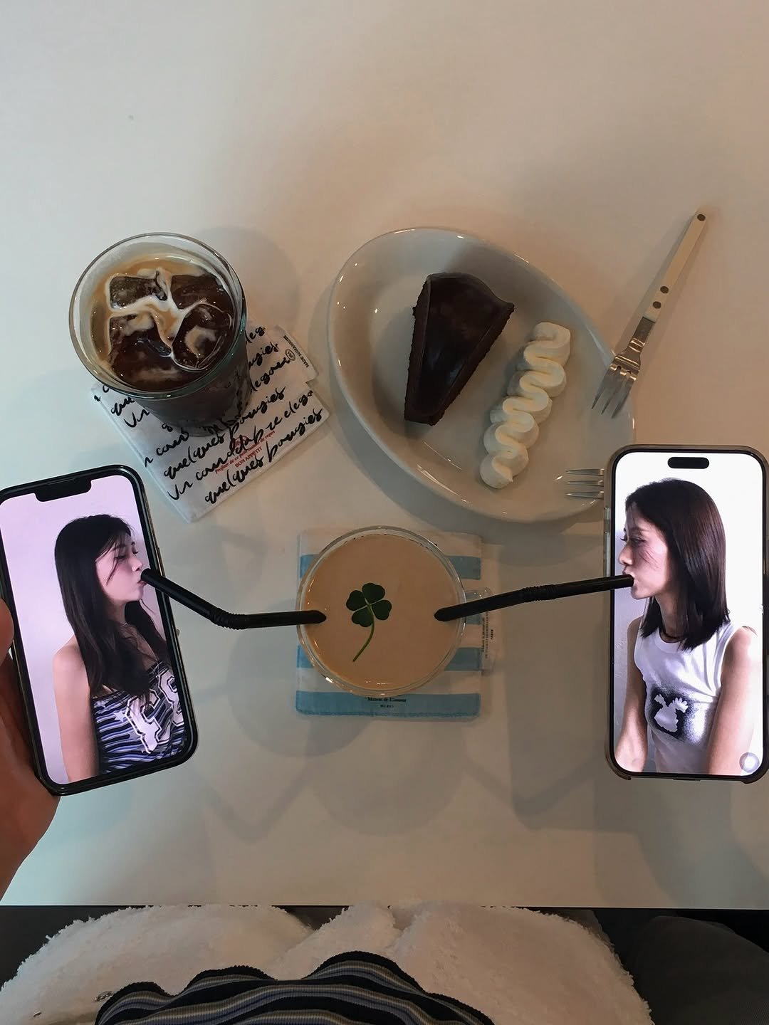 Photo shared by @0707.pm on August 10, 2025 tagging @yyye__vely. May be an image of 2 people, phone, drink, cheesecake, cornflower and text.