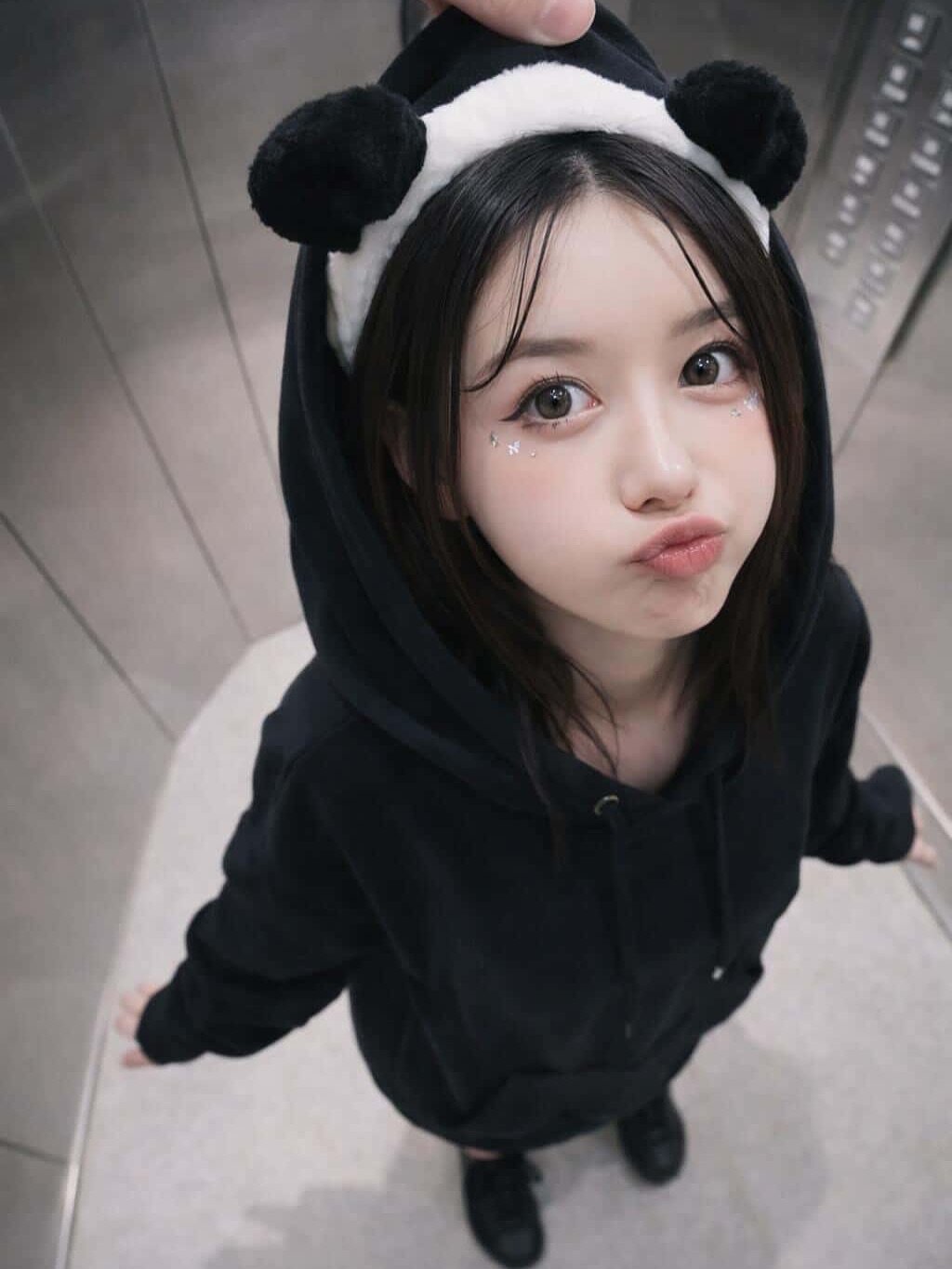 Photo by 이아영 on January 26, 2026. May be an image of panda, bear, costume, fleece, parka, sweatshirt and text.