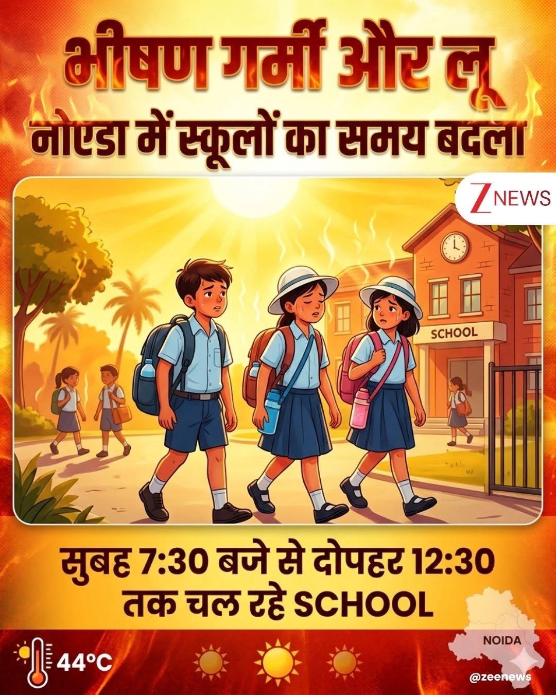 Photo by Zee News on April 26, 2026. May be an image of poster and text that says 'भीषण गर्मी और लू नोएडा में स्कूलों का समय बदला ZNEWS NEWS 正 SCHOOL सुबह 7:30 बजे से दोपहर 12:30 तक चल रहे SCHOOL 44°C NOIDA @zeenews'.