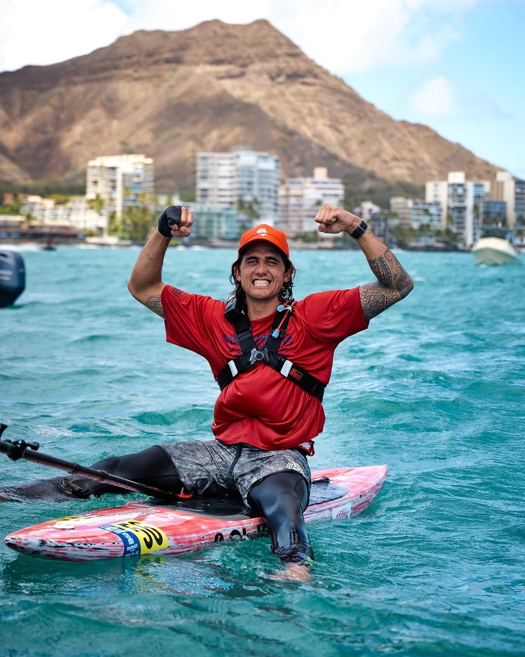 Photo shared by Zeke Lau on July 21, 2025 tagging @mattkuji, @olukai, @xcelwetsuits, @molokai2oahu, @axisfoils, @rogue.tv, @voyager_foiler, and @darcsportohana. May be an image of 1 person, kayak, raft, ocean, water and text.
