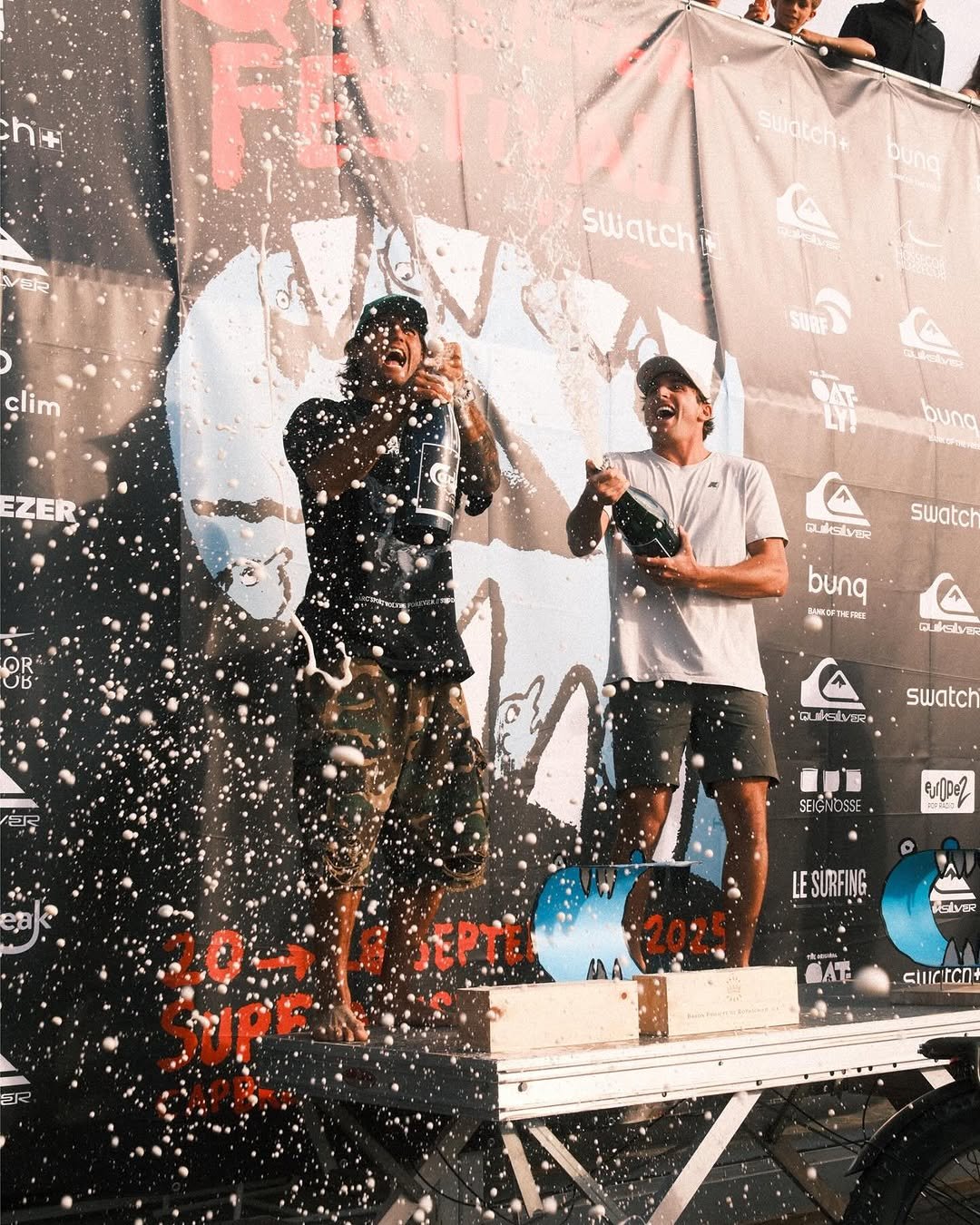 Photo shared by Zeke Lau on September 28, 2025 tagging @mattkuji, @quiksilver, @leofioravanti, @olukai, @xcelwetsuits, @darcsport, @tokorosurfboards, @quiksilver_festival, and @darcsportathletics. May be an image of 4 people, people racing vehicles, skateboard and text.