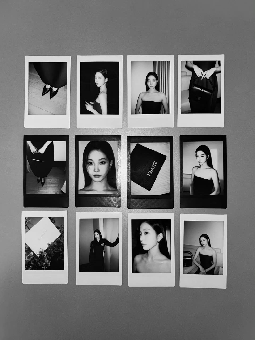 Photo shared by KAZUHA on February 17, 2026 tagging @khaite. May be a black-and-white image of polaroid and text.