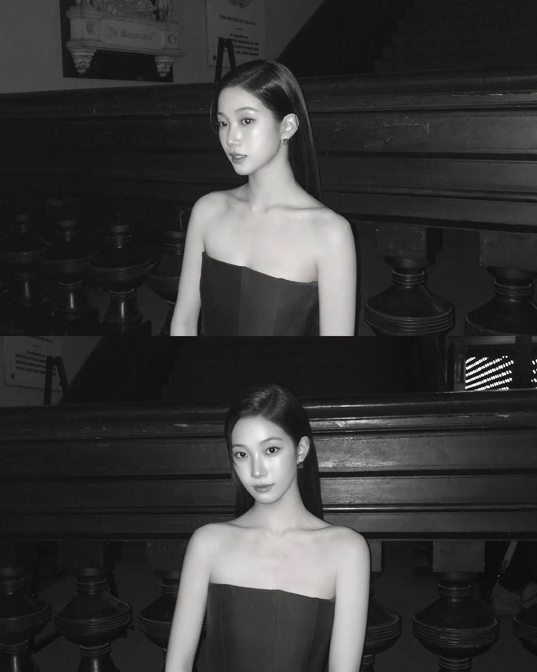 Photo shared by KAZUHA on February 14, 2026 tagging @khaite. May be a black-and-white image of one or more people, makeup, hair, top, dress and text.