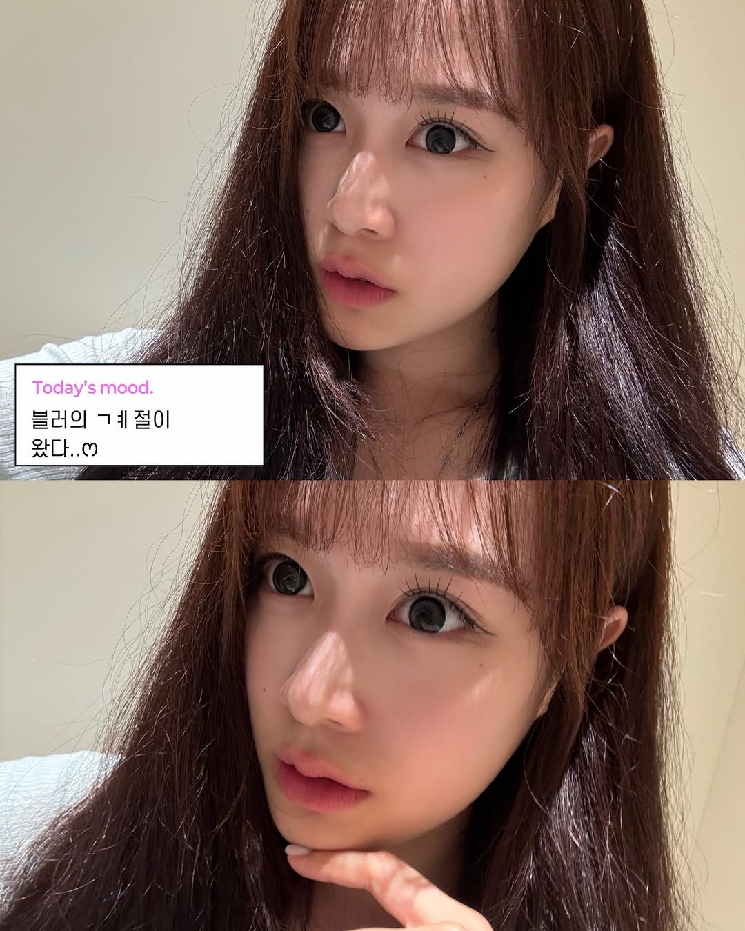 Photo by 지히지히 on September 28, 2025. May be an image of one or more people, braids and text that says 'Today's Today'smood. mood. 블러의 블러의계절이 ㄱ절이 왔다..33 MAN'.