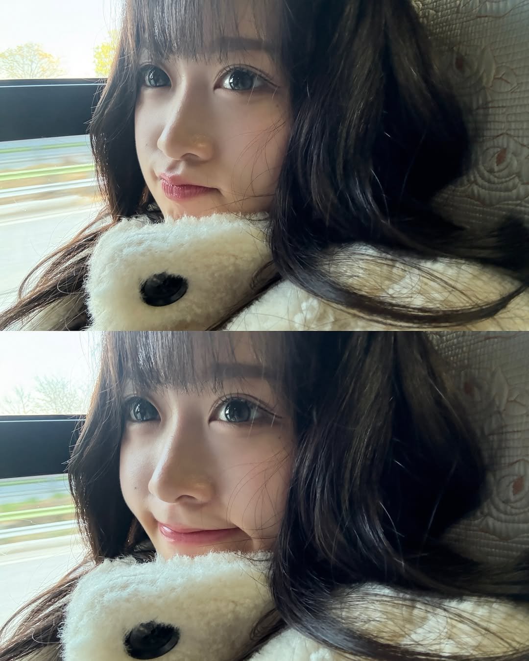 Photo by 지히지히 on November 30, 2025. May be an image of one or more people, hair, duffle coat and text.