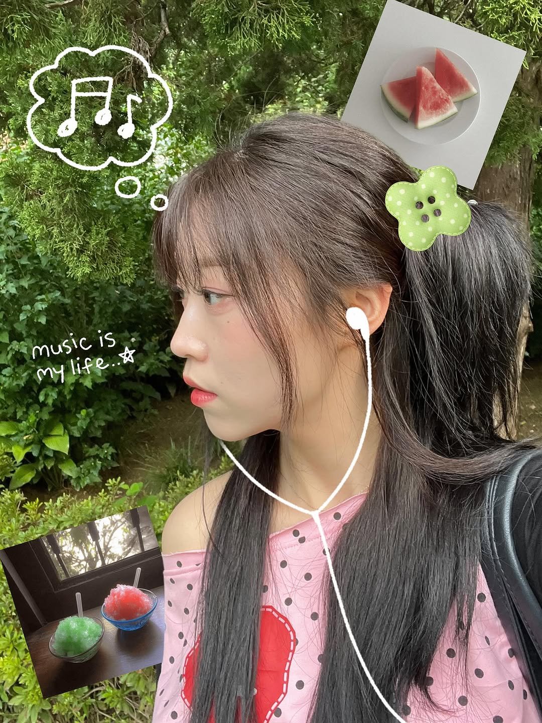 Photo by 짱이커플 on September 09, 2025. May be an image of 1 person, hair, watermelon and text that says 'ЛP musicis music is mylife..* 女 my life life..&'.