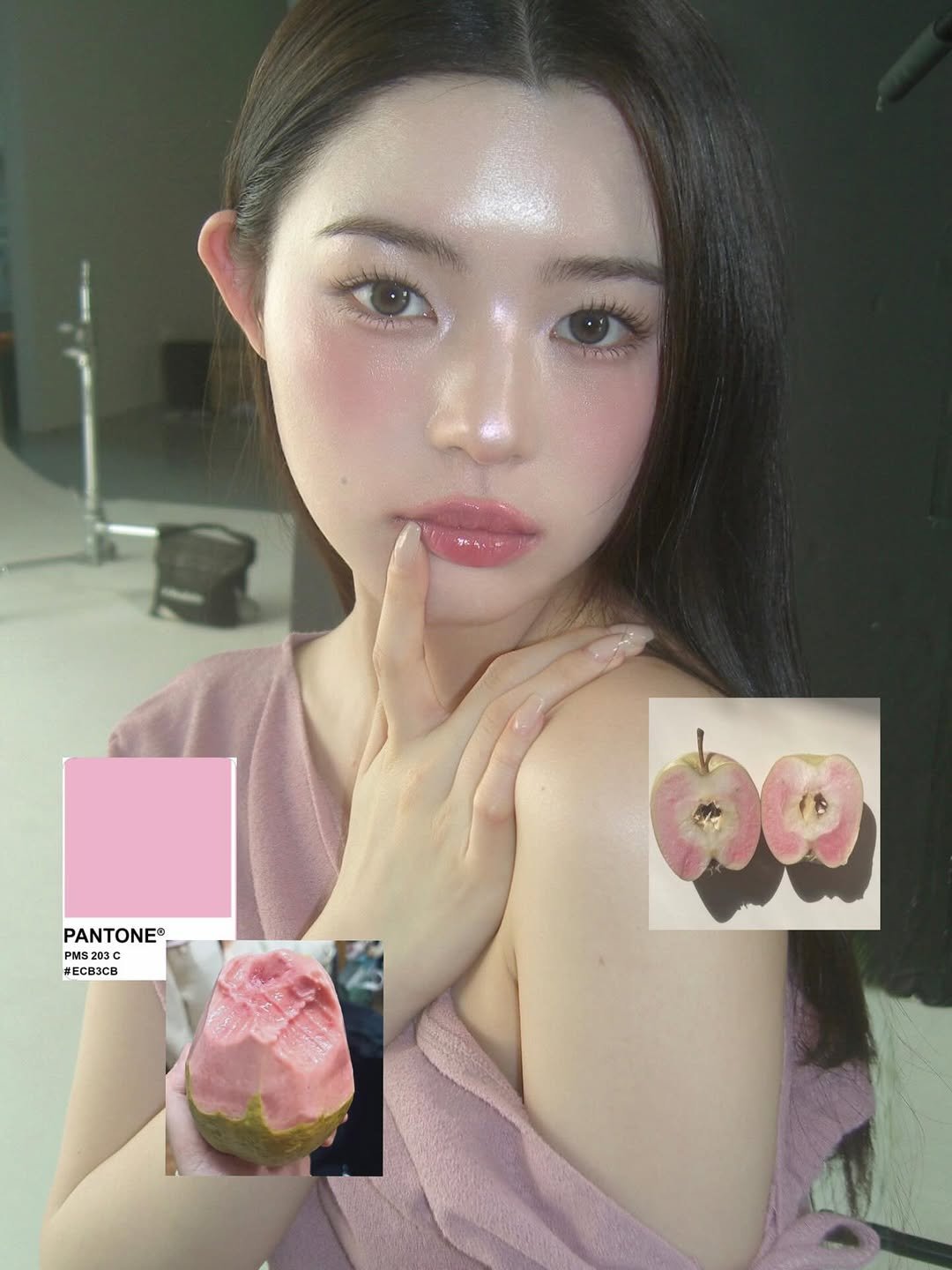 Photo by 헤어메이크업 연수 on January 23, 2026. May be an image of one or more people, hair and text that says 'Ne PANTONE PMS PMS203C 203C #ECB3CB'.