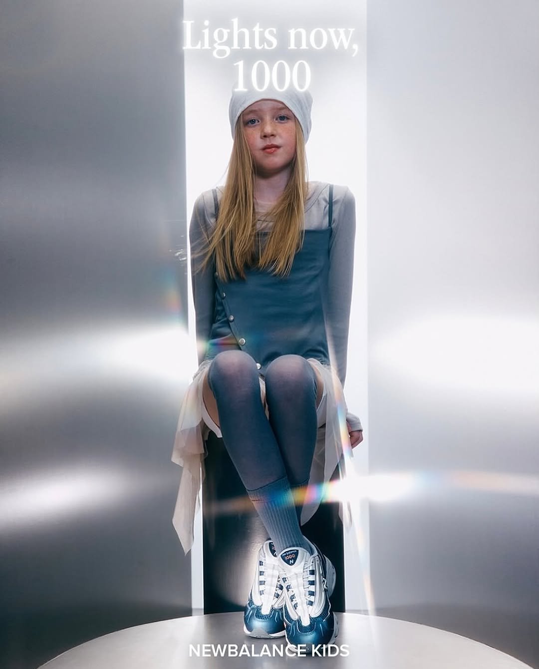 Photo shared by 헤어메이크업 연수 on September 26, 2025 tagging @newbalancekids_kr. May be an image of 1 person, makeup, beret, tights, lightbulb, magazine and text that says 'Lights now, 1000 鮮 NEWBALANCE KIDS'.